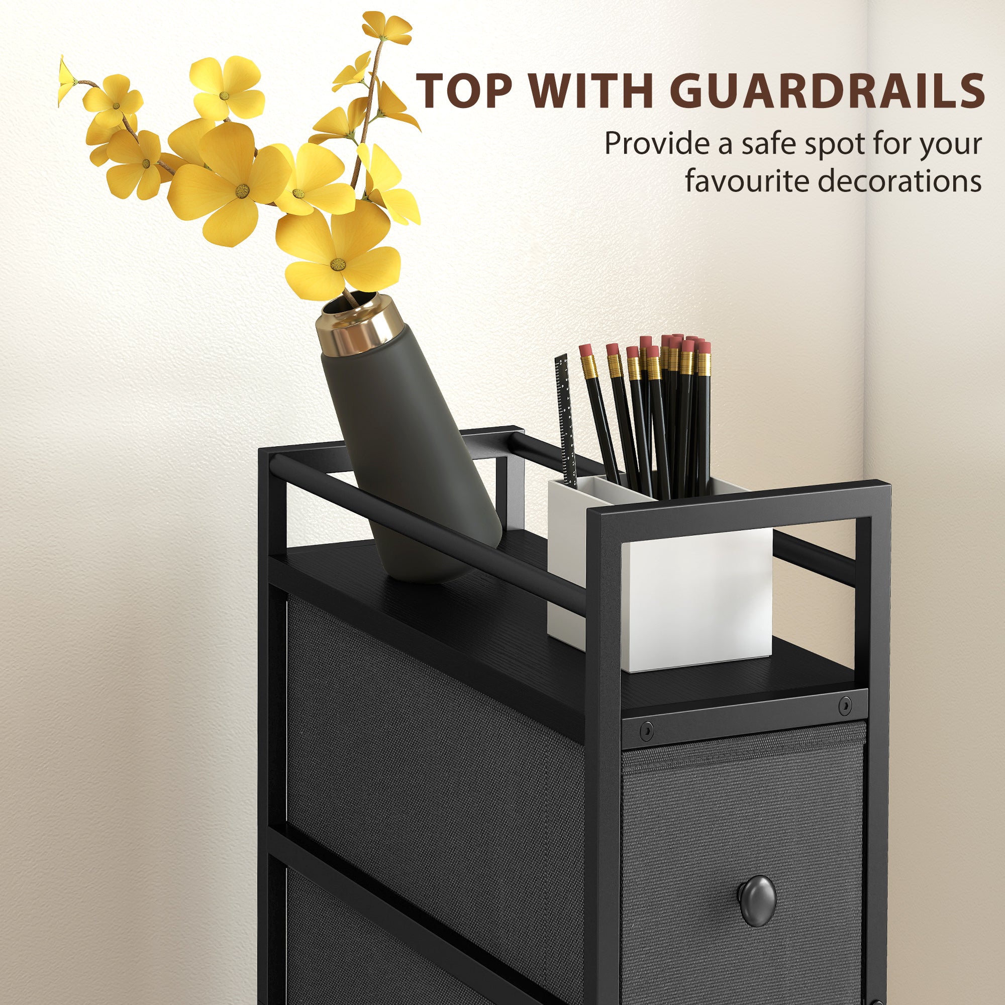 HOMCOM 4 Drawer Fabric Dresser Chest of Drawers, Slim Storage Cabinet with Steel Frame for Small Spaces, Bedroom, Black 