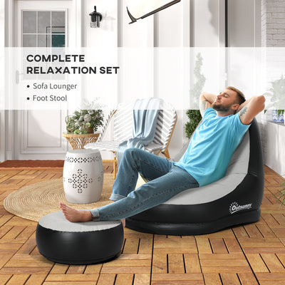 Outsunny Inflatable Sofa Chair and Foot Stool Set with Cup Holder, for Gaming, Reading and Movie Watching, Grey 