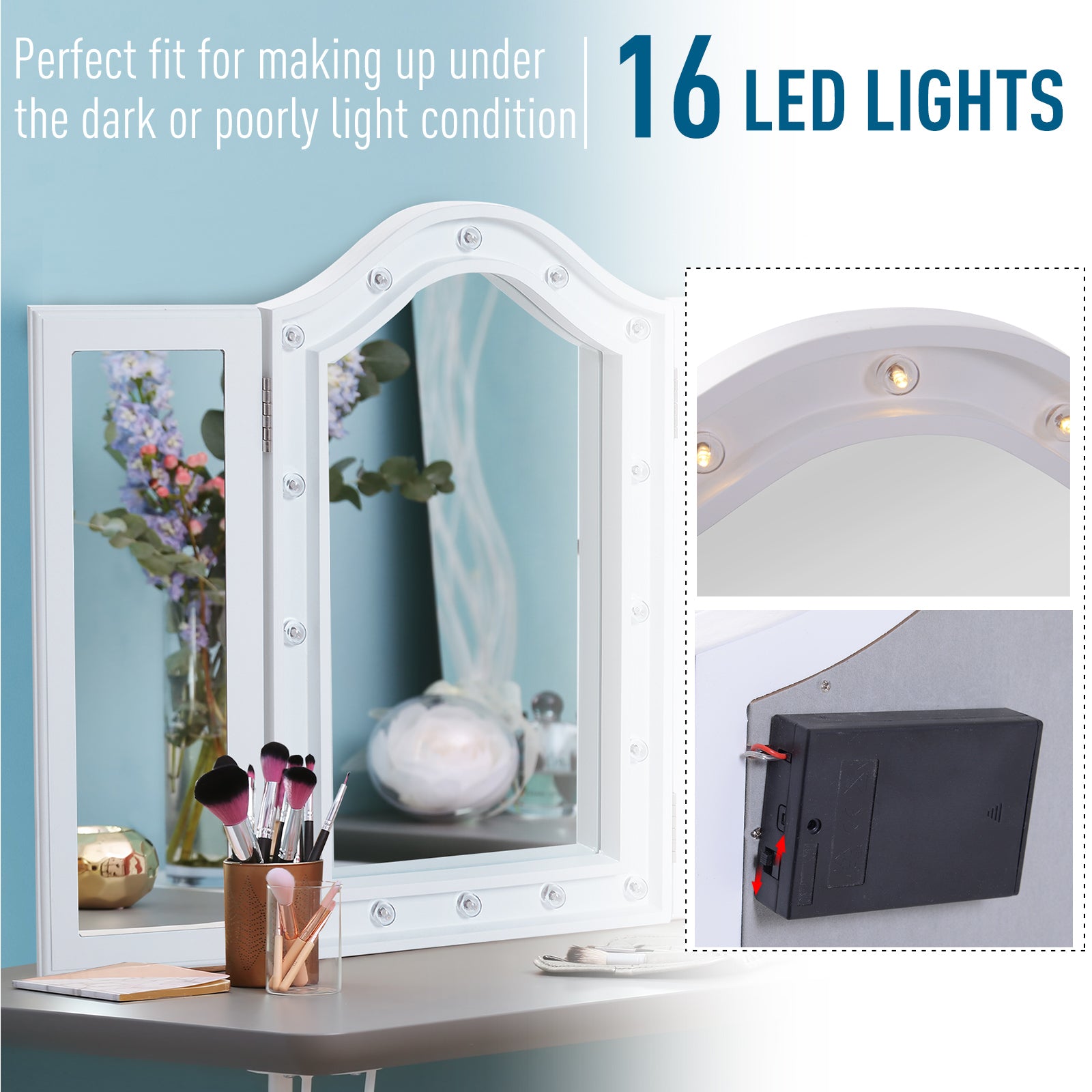 HOMCOM Trifold Freestanding Mirror, Lighted Tabletop Vanity Mirror Large Cosmetic w/16 LED Lights powered by batteries Foldable For Bedroom- White 