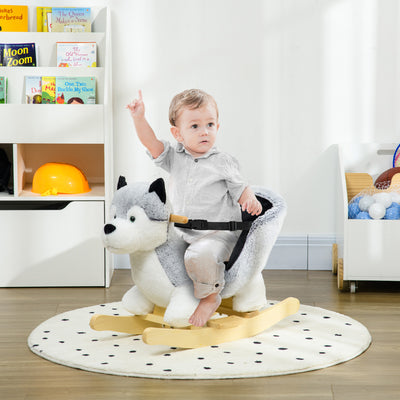 HOMCOM Baby Rocking Horse, Husky-Designed Plush Rocking Animal, with Sounds, Seatbelt, for Ages 18-36 Months - Grey 