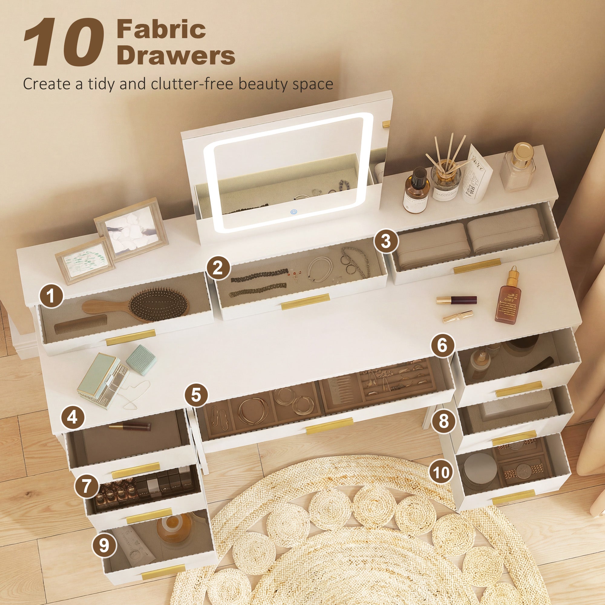 HOMCOM Multi-Storage Elegant Dressing Table, with LED Mirror - White