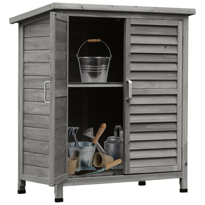 Outsunny Garden Shed Wooden Garden Storage Shed 2 Door Unit Solid Fir Wood Garage Tool Organisation Cabinet, 87L x 46.5W x 96.5Hcm, Grey 