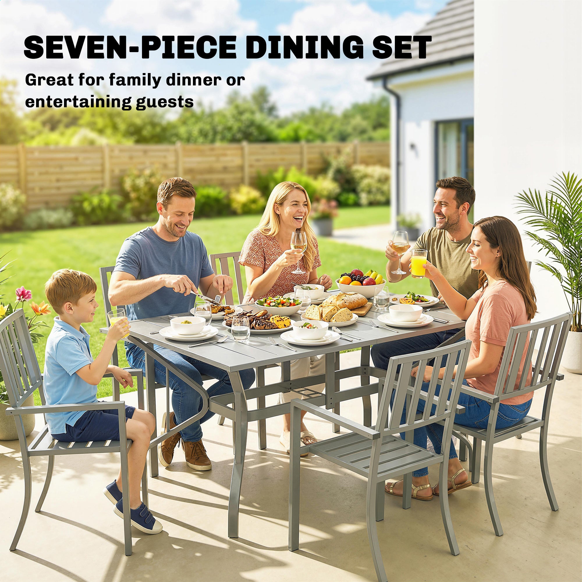 Outsunny 7 Pieces Garden Table and Chairs, 6 Seater Outdoor Table and Chairs with Umbrella Hole, for Garden, Light Grey 
