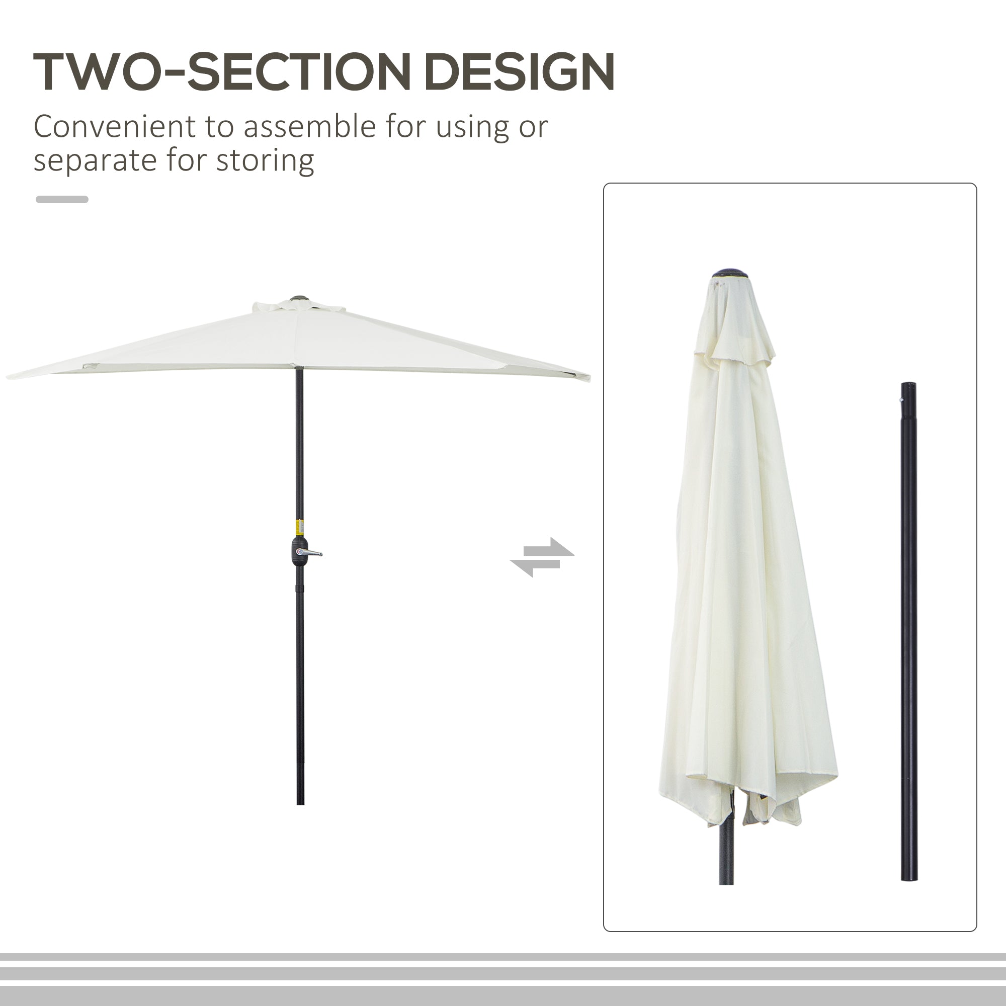 Outsunny 2.7m Garden Half Parasol, Outdoor Balcony Umbrella with 5 Steel Ribs, Patio Sun Shade, Cream White 