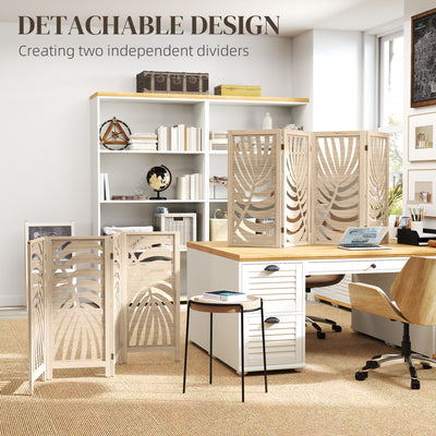 HOMCOM 4 Panel Privacy Screens, Detachable Folding Room Divider with Palm Leaf Design for Home Office, Natural Wood Finish