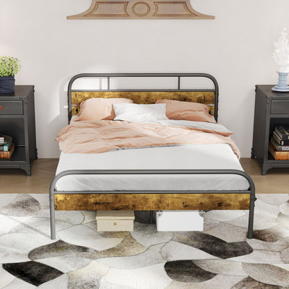 HOMCOM Industrial-Style Double Bed Frame - Black/Brown 