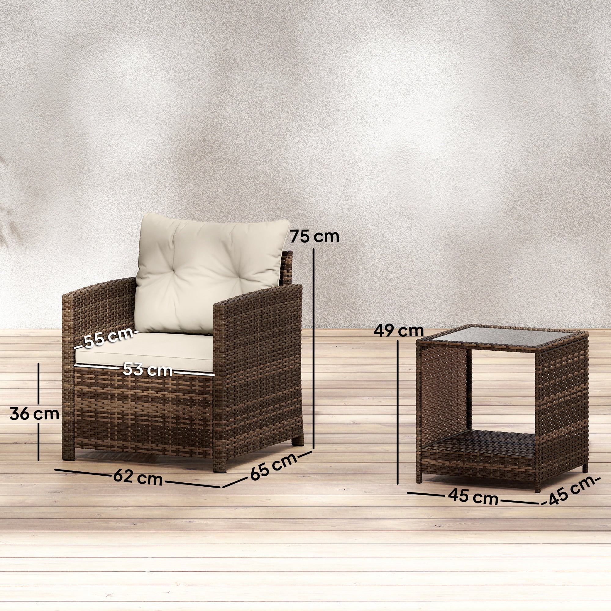 Outsunny Rattan Bistro Set, 3 Piece Garden Furniture Set with 2 Tier Glass Top Table and Cushions, Mixed Brown 