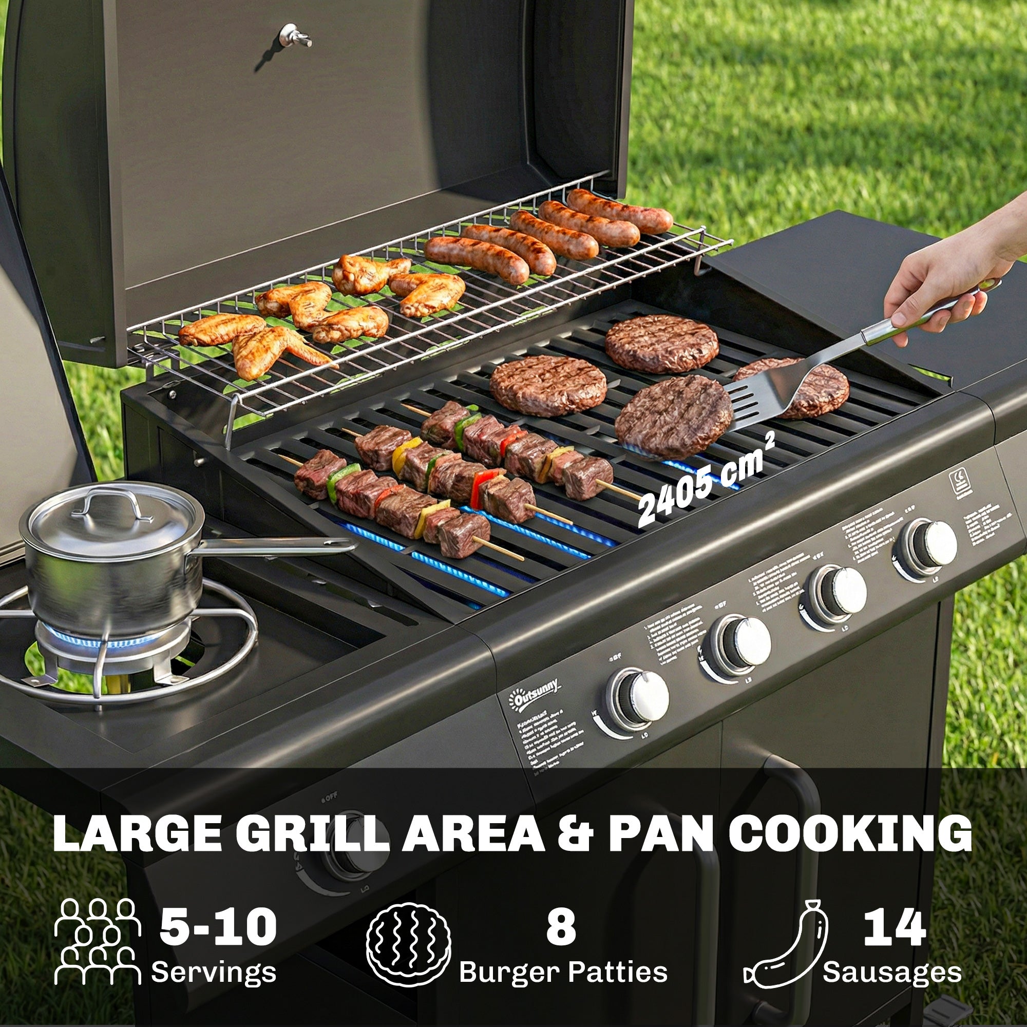 Outsunny 4+1 Burner Gas BBQ Grill with Storage Cabinet, 15.2 kW Gas Barbecue Trolley with Side Table, 4 Wheels, Warming Rack 