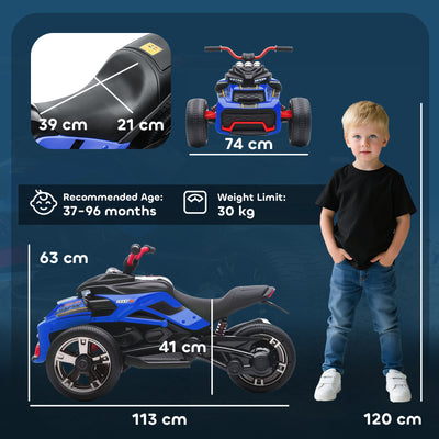 AIYAPLAY 12V Kids Electric Ride On Car with 3 Wheeler, MP3 Player, Horn, 2 Speeds, LED Lights for Boys & Girls Ages 3-8, Blue 