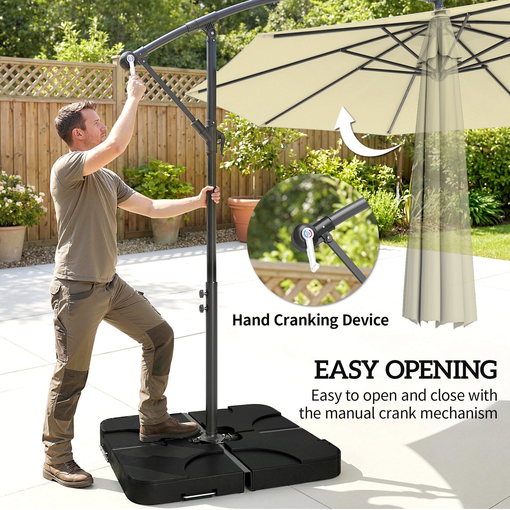 Outsunny 3m Overhanging Parasol, with Base, Weights and Cover - Sand brown 