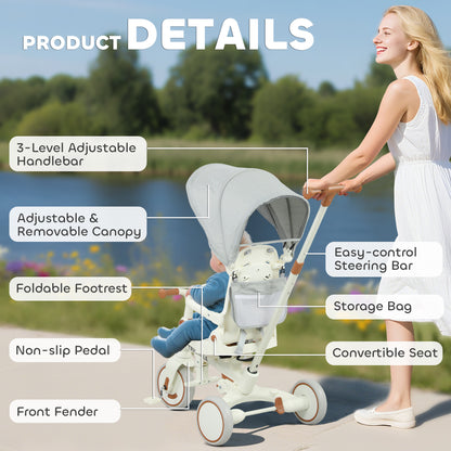 AIYAPLAY 5 in 1 Kids Trike with Adjustable Backrest, Toddler Tricycle with Push Handlebar, Adjustable Backrest, Cream White