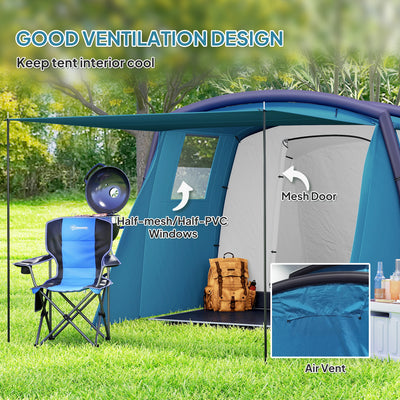 Outsunny Inflatable 3-4 Man Tunnel Tent w/ Air Pump, Living Area & Vestibule, Waterproof Family Camping Air Tent w/ Sewn In Groundsheet & Removable Footprint for Camping, Hiking, Blue 