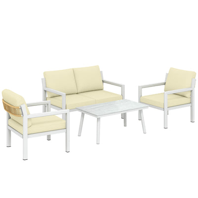 Outsunny 4 Seater Rattan Garden Furniture Set with 2 Armchairs, Loveseat, Coffee Table, Garden Sofa Set with Cushions, Brown 