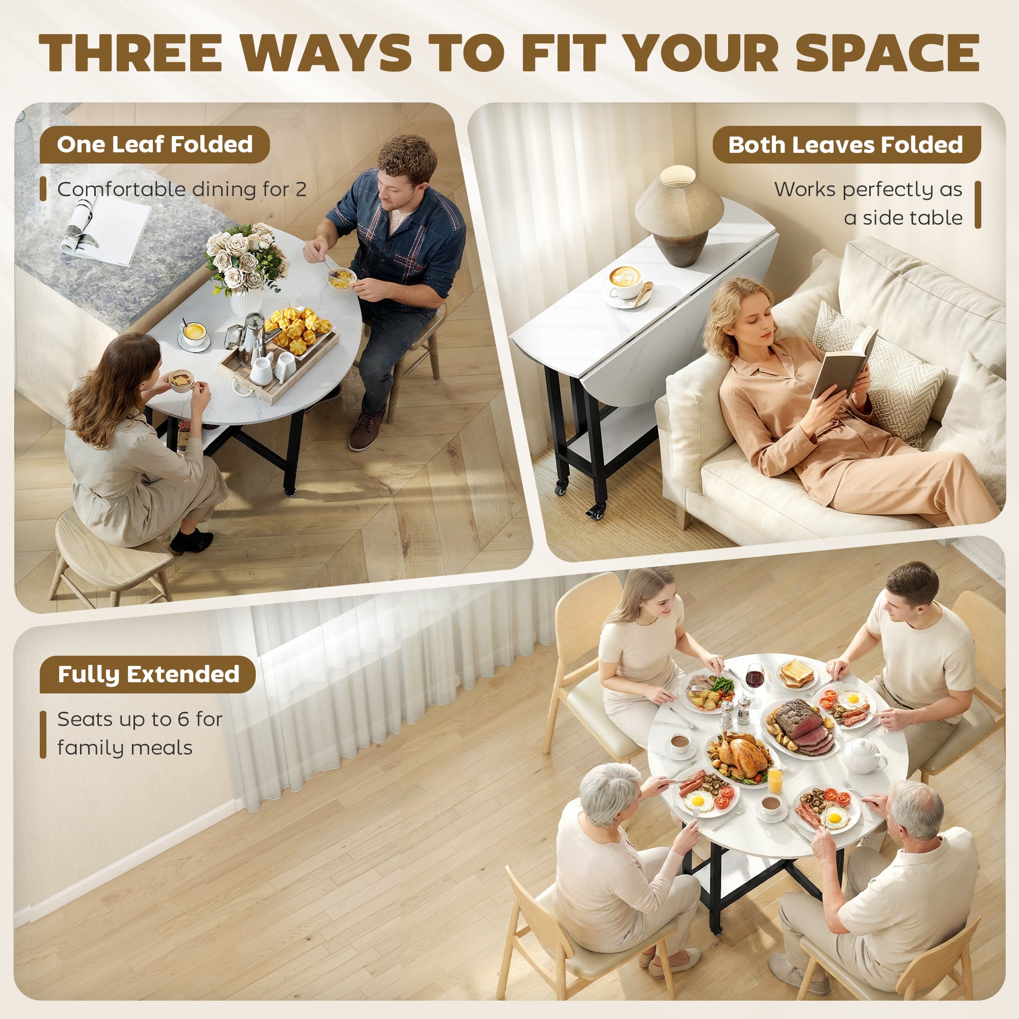 HOMCOM Folding Dining Table, Drop Leaf Table with Open Shelf, Rolling Kitchen Table for Dining Room, Small Spaces, White Marble 