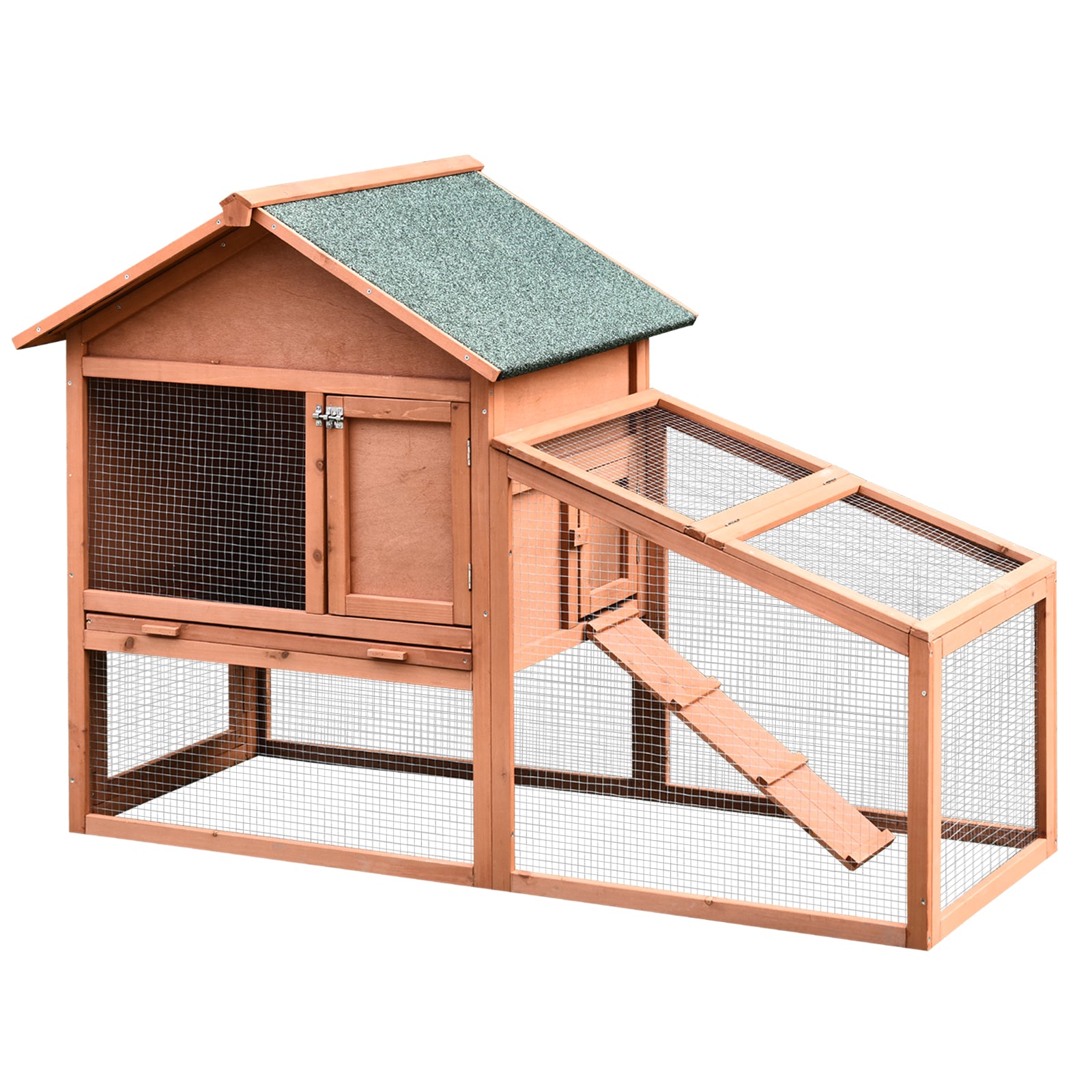 PawHut 2 Tier Rabbit Hutch Outdoor, Guinea Pig Hutch, Solid Wood Bunny House, Water Resistant Asphalt Roof Ramp Sliding tray 144 x 64.5 x 100 cm 
