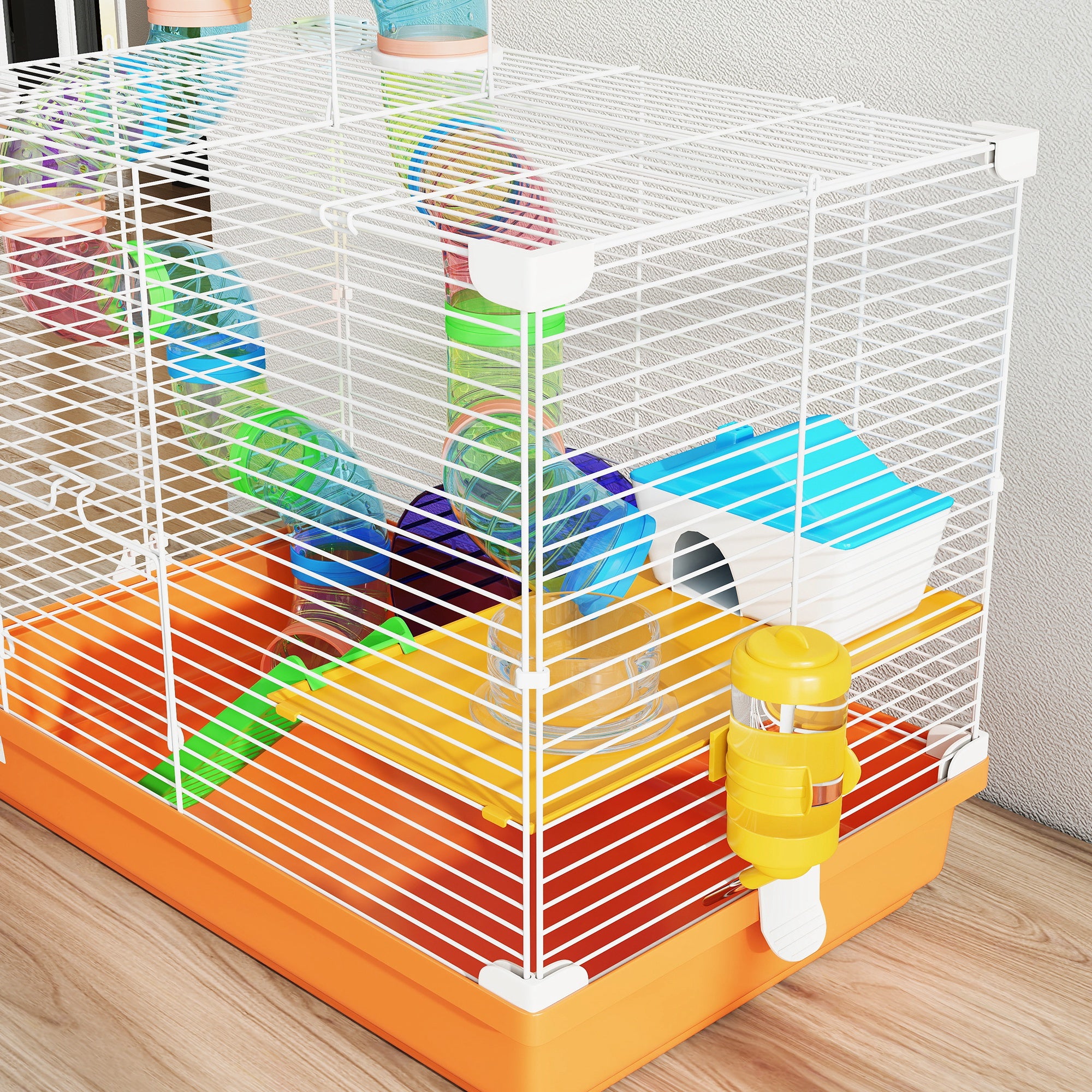 PawHut 2 Tier Hamster Cage, Gerbil Cage with Handle, Exercise Wheels, Tunnel, Water Bottle, Dishes, Ladder, for Dwarf 