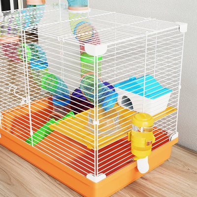 PawHut 2 Tier Hamster Cage, Gerbil Cage with Handle, Exercise Wheels, Tunnel, Water Bottle, Dishes, Ladder, for Dwarf 