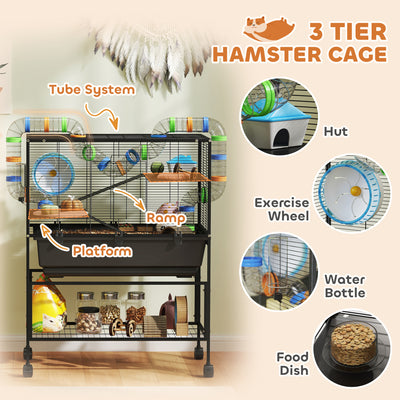 PawHut 3 Tier Large Hamster Cage on Wheels with 17 cm Deep Tray, Storage Shelf for Syrian, Gerbil, Rats 