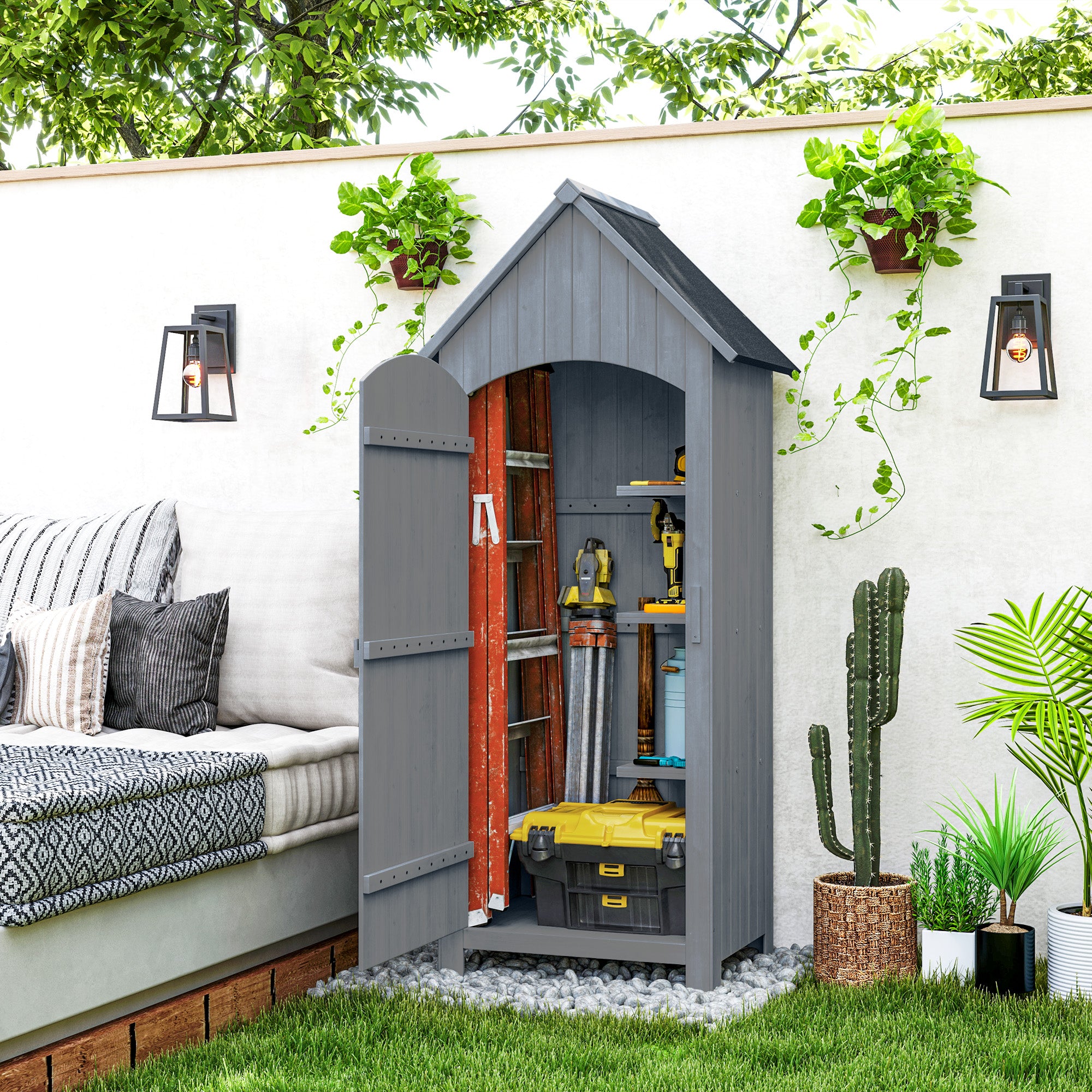 Outsunny Wooden Garden Storage Shed with 3 Shelves, Outdoor Tool Storage Cabinet with Tilt Roof and Lockable Door, 77.5 x 54.2 x 179.5 cm, Grey 