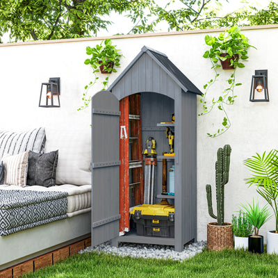 Outsunny Wooden Garden Storage Shed with 3 Shelves, Outdoor Tool Storage Cabinet with Tilt Roof and Lockable Door, 77.5 x 54.2 x 179.5 cm, Grey 