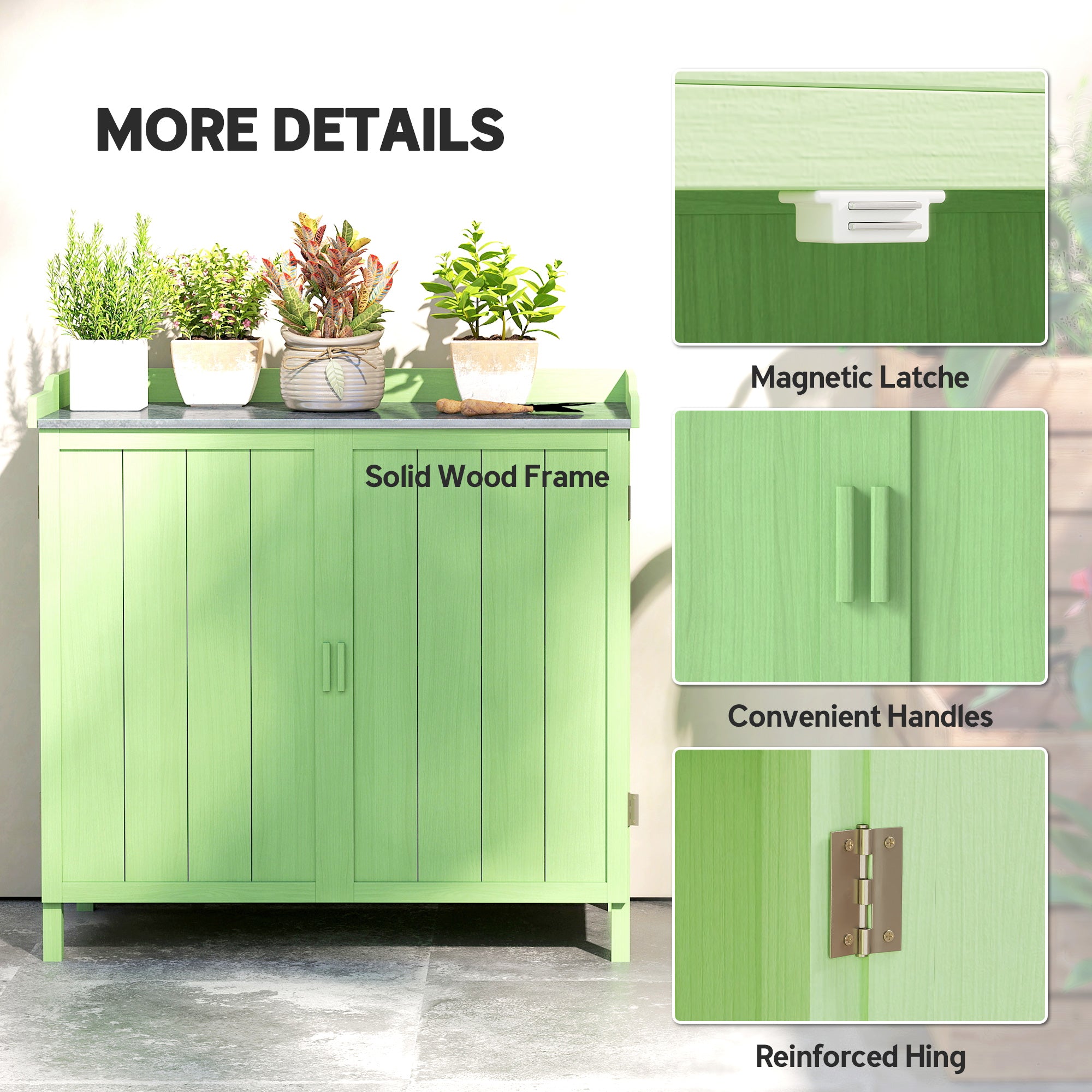 Outsunny Wood Garden Storage Cabinet, Outdoor Tool Shed, Potting Bench Table with galvanised Top and Two Shelves for garden Tools or Pool Accessories, Green 