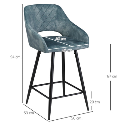 HOMCOM Bar Stools Set of 2, Velvet-Touch Fabric Counter Height Bar Chairs, Kitchen Stools with Steel Legs for Dining Area, Kitchen Island Barstools, Blue 