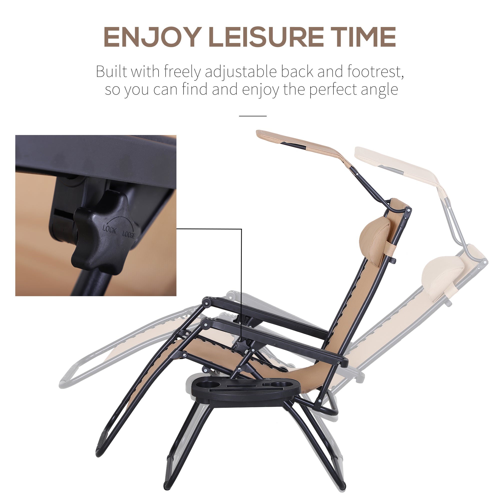 Outsunny Foldable Reclining Garden Chair with Headrest, Zero Gravity Deck Sun Lounger Seat Chair with Footrest, Armrest, Cup Holder & Canopy Shade, Beige 