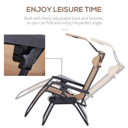 Outsunny Foldable Reclining Garden Chair with Headrest, Zero Gravity Deck Sun Lounger Seat Chair with Footrest, Armrest, Cup Holder & Canopy Shade, Beige 