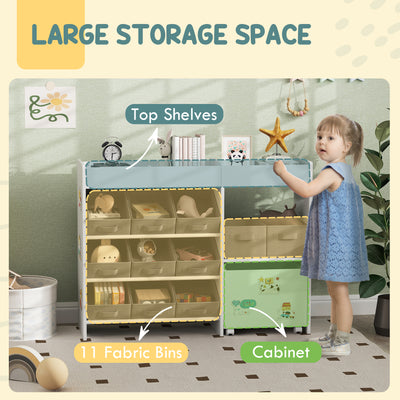 AIYAPLAY Kids Toy Storage Unit with 11 Bins, Cabinet, Top Shelves, 3 Stickers, for Nursery, Playroom, White 