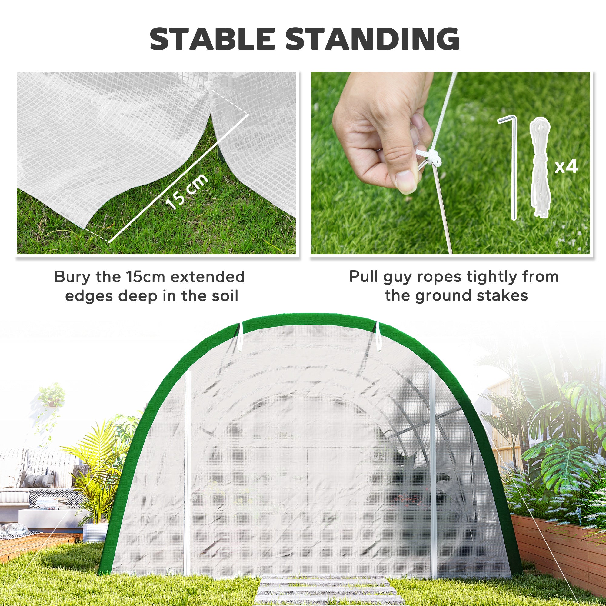 Outsunny Walk-in Polytunnel Greenhouse Tunnel Warm House Tent with Zipped Doors, 8 Mesh Windows, PE Cover, 6 x 3 m, White 