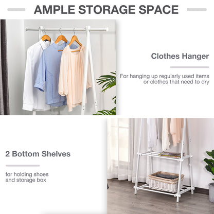 HOMCOM Minimalist Foldable Adjustable Clothes Rack Hanger w/ 2 shelves 107.5L x 45W x 150H cm Hallway Entryway Furniture - White 