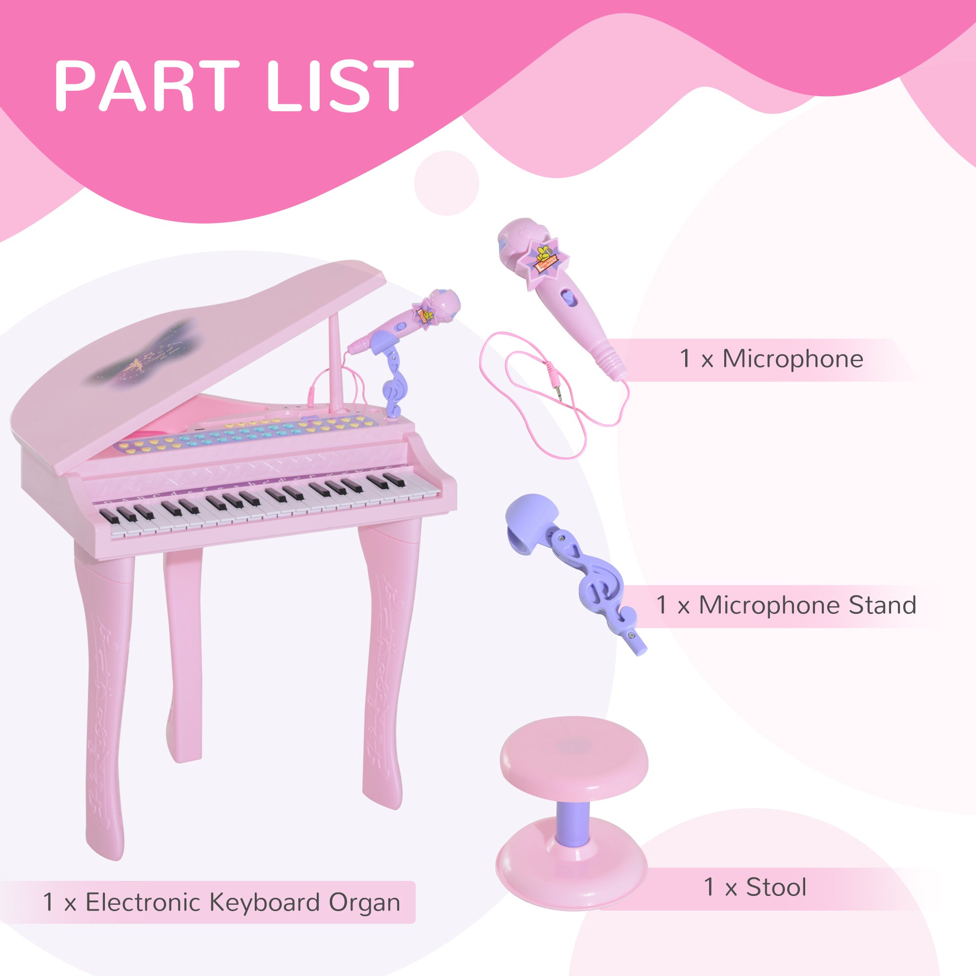 HOMCOM 37 Keys Kids Mini Electronic Keyboard Children Grand Piano with Stool Microphone Light Musical Instrument Educational Game Toy Set (Pink) 