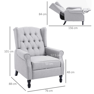 HOMCOM Recliner Armchair, Vintage Reclining Chair with Nail Head Trim, Wingback Chair with Button Tufted Back and Footrest, for Living Room, Light Grey 