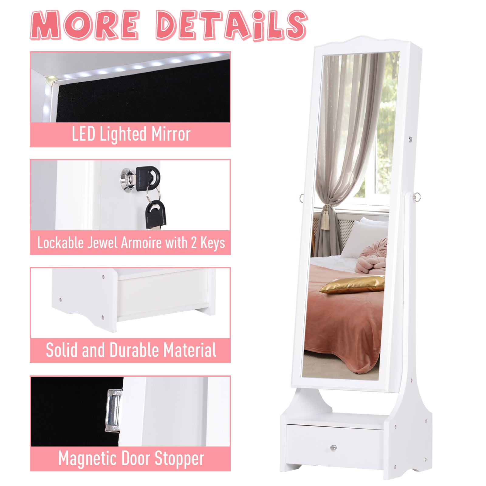 HOMCOM Jewellery Cabinet with led, mirroir Cabinet Armoire Floor Standing Flip-over Makeup Shelf Organizer with lock white 