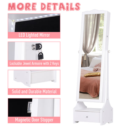 HOMCOM Jewellery Cabinet with led, mirroir Cabinet Armoire Floor Standing Flip-over Makeup Shelf Organizer with lock white 