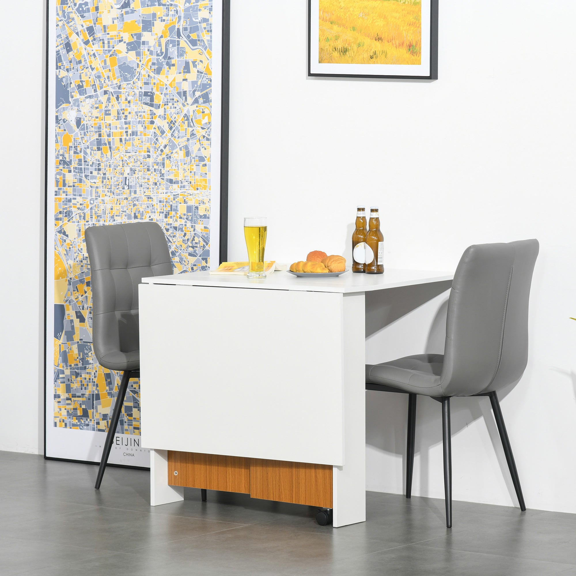 HOMCOM Folding Dining Table Writing Desk Workstation w/ Casters Teak Colour, White 