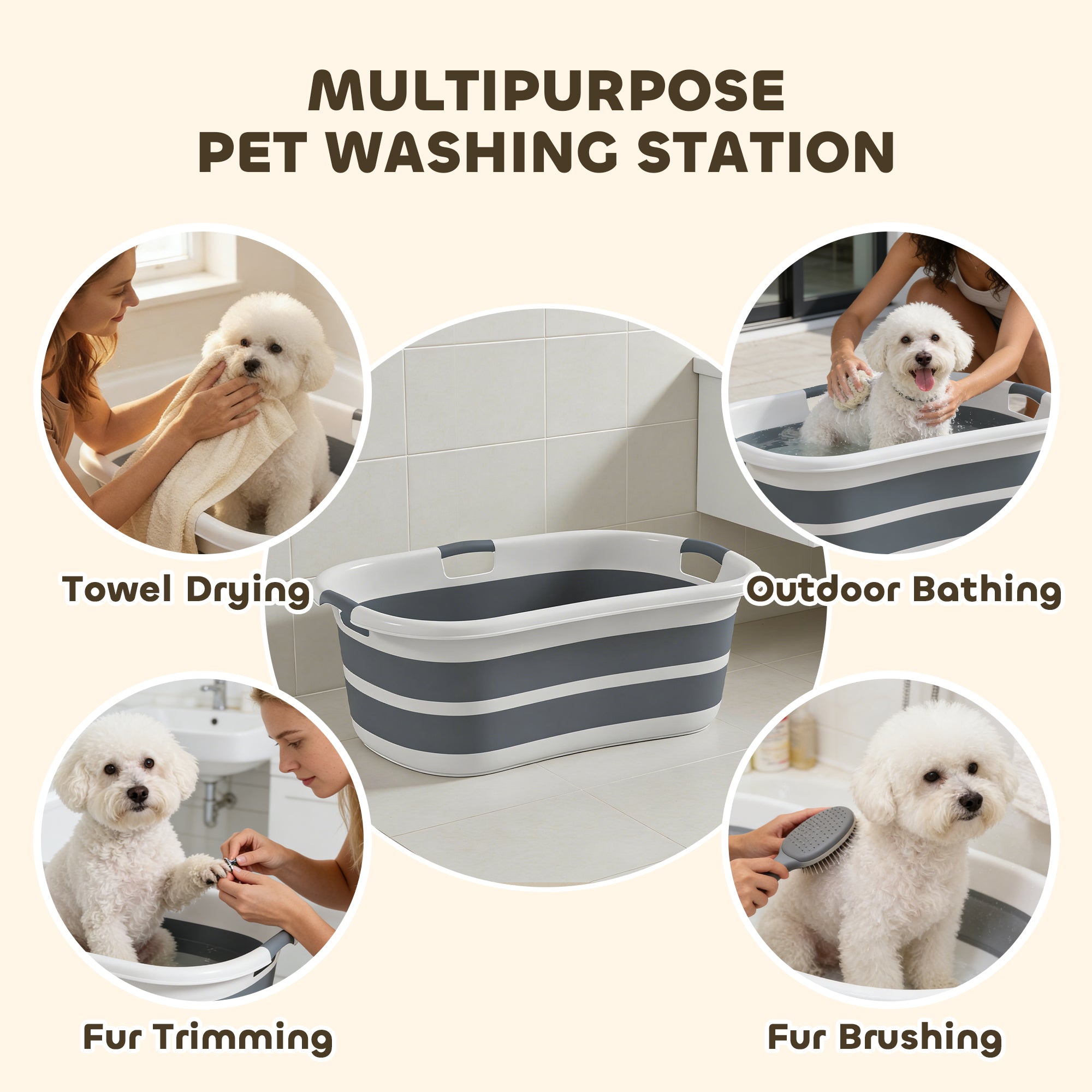 PawHut Dog Bath Tub, Portable Foldable Dog Bathtub with Drainage Hole, for Small Dogs Puppies Grey 