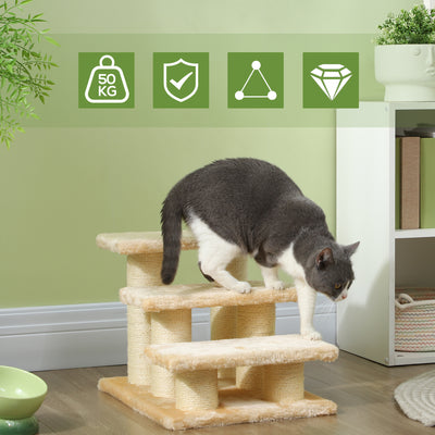 PawHut Pet Stairs 3-step Pet Ladder Cat dog Stairs Climb Ladder Cat Tree, Beige 