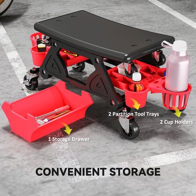 HOMCOM Rolling Mechanic Stool, 135kg Capacity Workshop Stool with 360° Swivel Wheels, Roller Creeper Seat with Slide Out Tool Trays, Drawer, Bottle Holders for Garage, Shop, Auto Repair, Red 