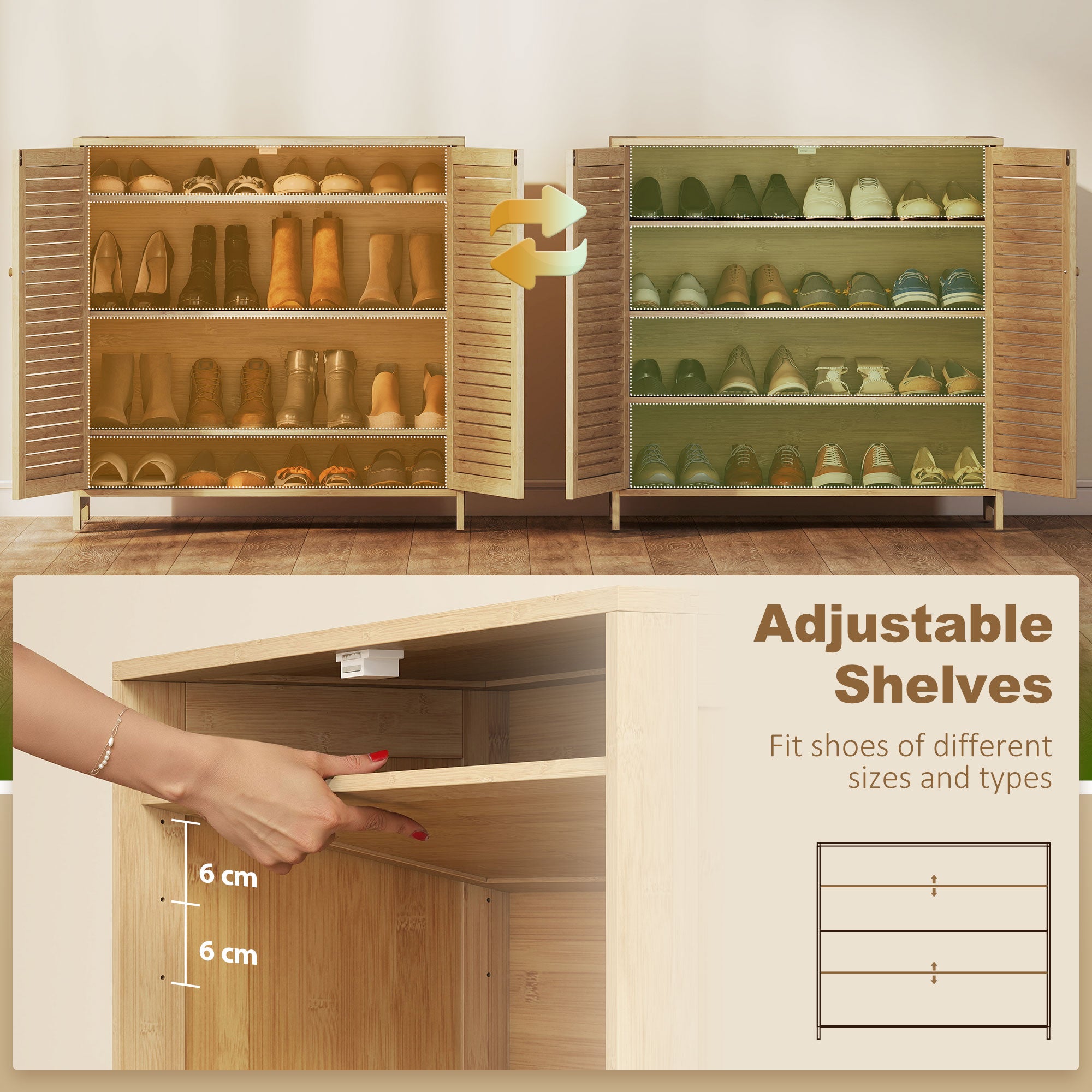 HOMCOM Bamboo Shoe Cabinet with Louvered Doors, 14 Pairs Shoe Storage Cabinet with Adjustable Shelves for Hallway, Natural 