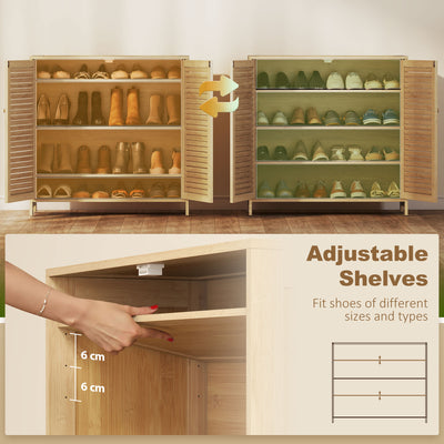 HOMCOM Bamboo Shoe Cabinet with Louvered Doors, 14 Pairs Shoe Storage Cabinet with Adjustable Shelves for Hallway, Natural 