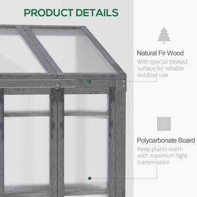 Outsunny Wooden Cold Frame Polycarbonate Greenhouse with Openable Top Cover and Double Door, Grow House for Flower, Vegetable and Plants, 70 x 50 x 120cm, Grey 