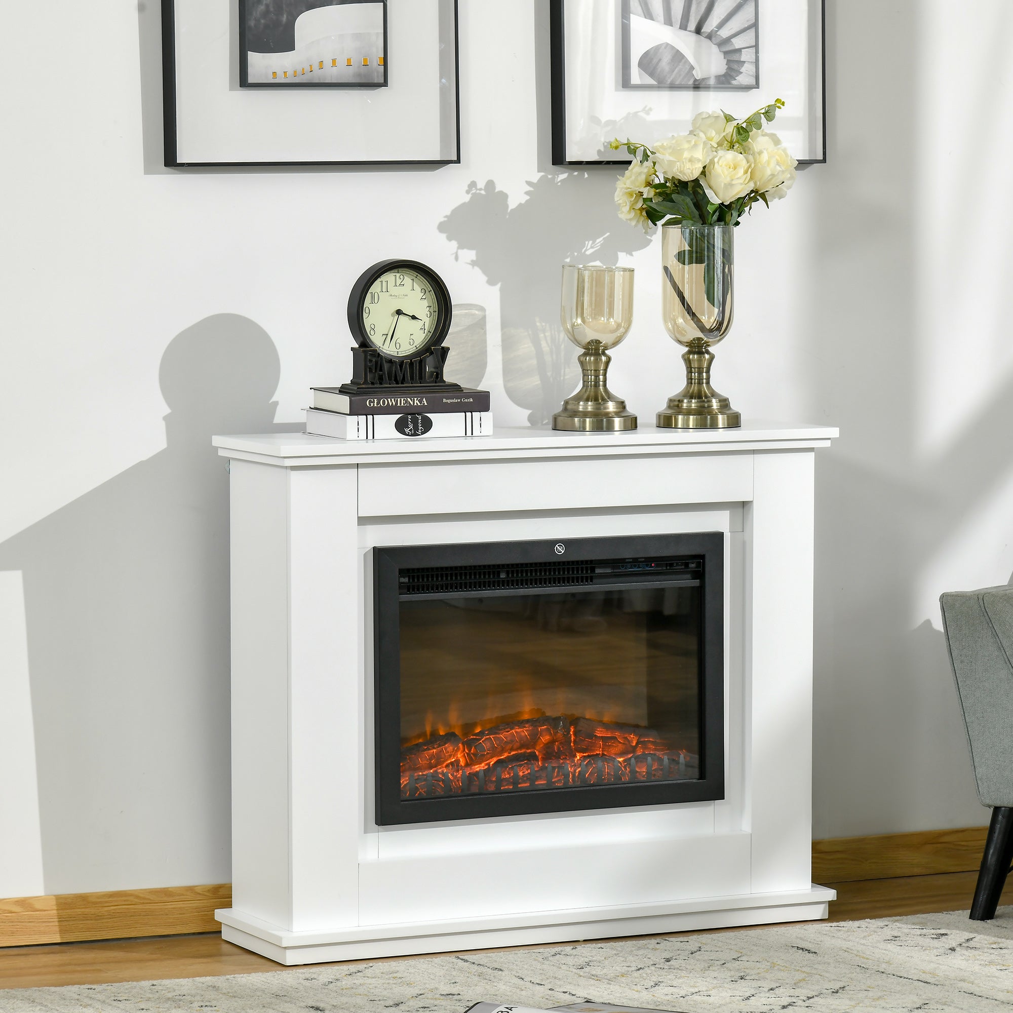 HOMCOM Electric Fireplace Suite with Remote Control, 1kW/2kW Freestanding Fireplace Heater with LED Flame Effect, Overheat Protection, 7-day Programmable Timer 