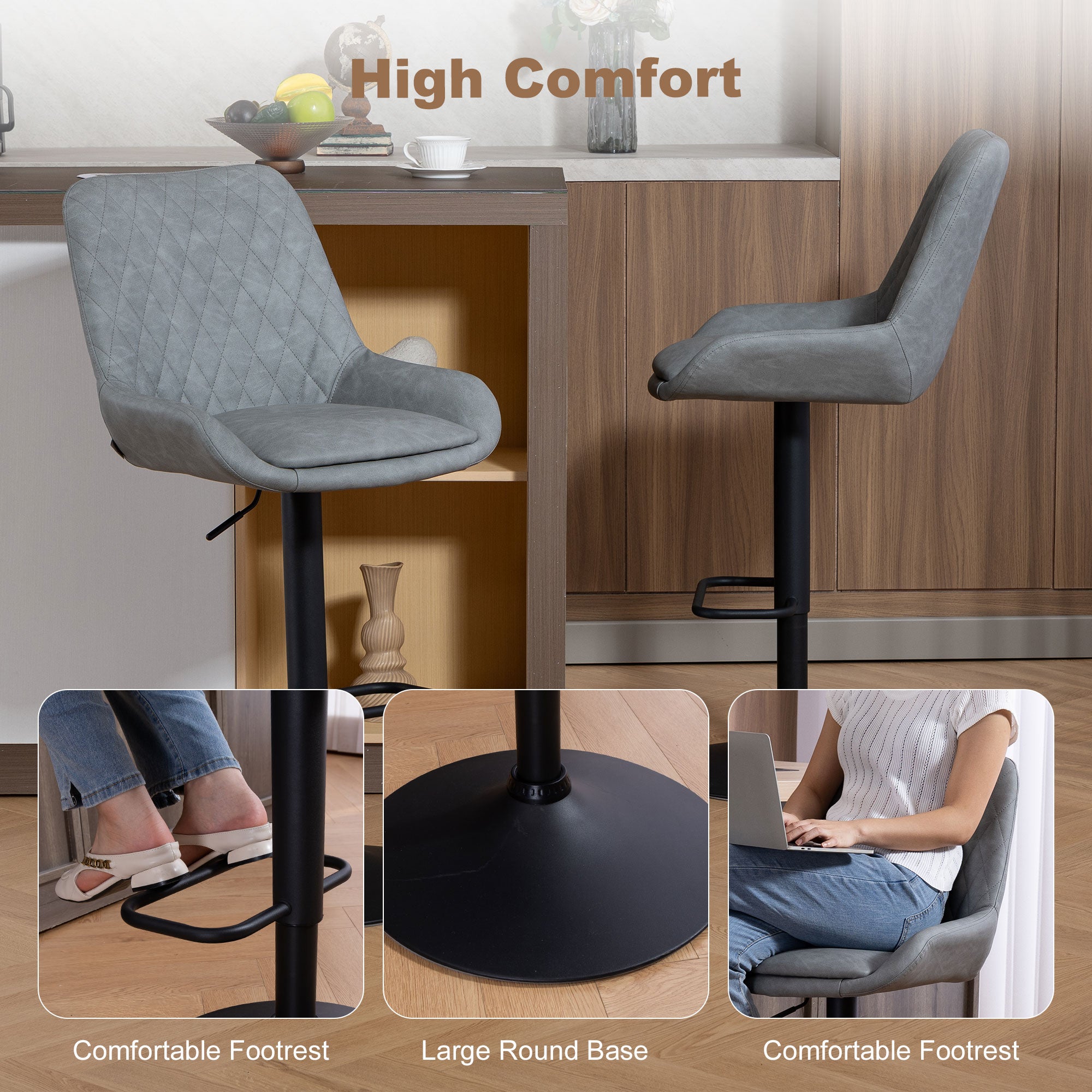 HOMCOM Set of Two Faux Leather Retro Bar Stools - Light Grey 