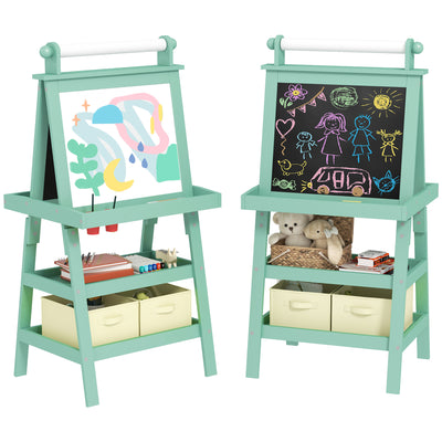 AIYAPLAY 3 in 1 Kids Easel Double-Sided Magnetic Whiteboard and Chalkboard with Paper Roll, Storage Baskets - Green 