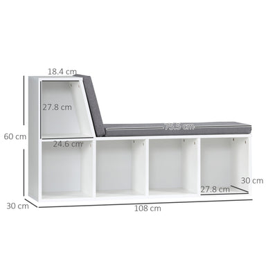 HOMCOM Bookcase Storage Shelf with Cushioned Reading Seat, Bookshelf Storage Cabinet for Study Living Room, White 
