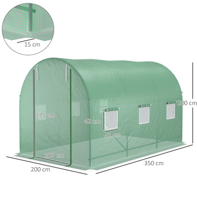 Outsunny 3.5 x 2m Walk-In Polytunnel Greenhouse, with Steel Frame, PE Cover, Roll-Up Door and 6 Windows, Green 