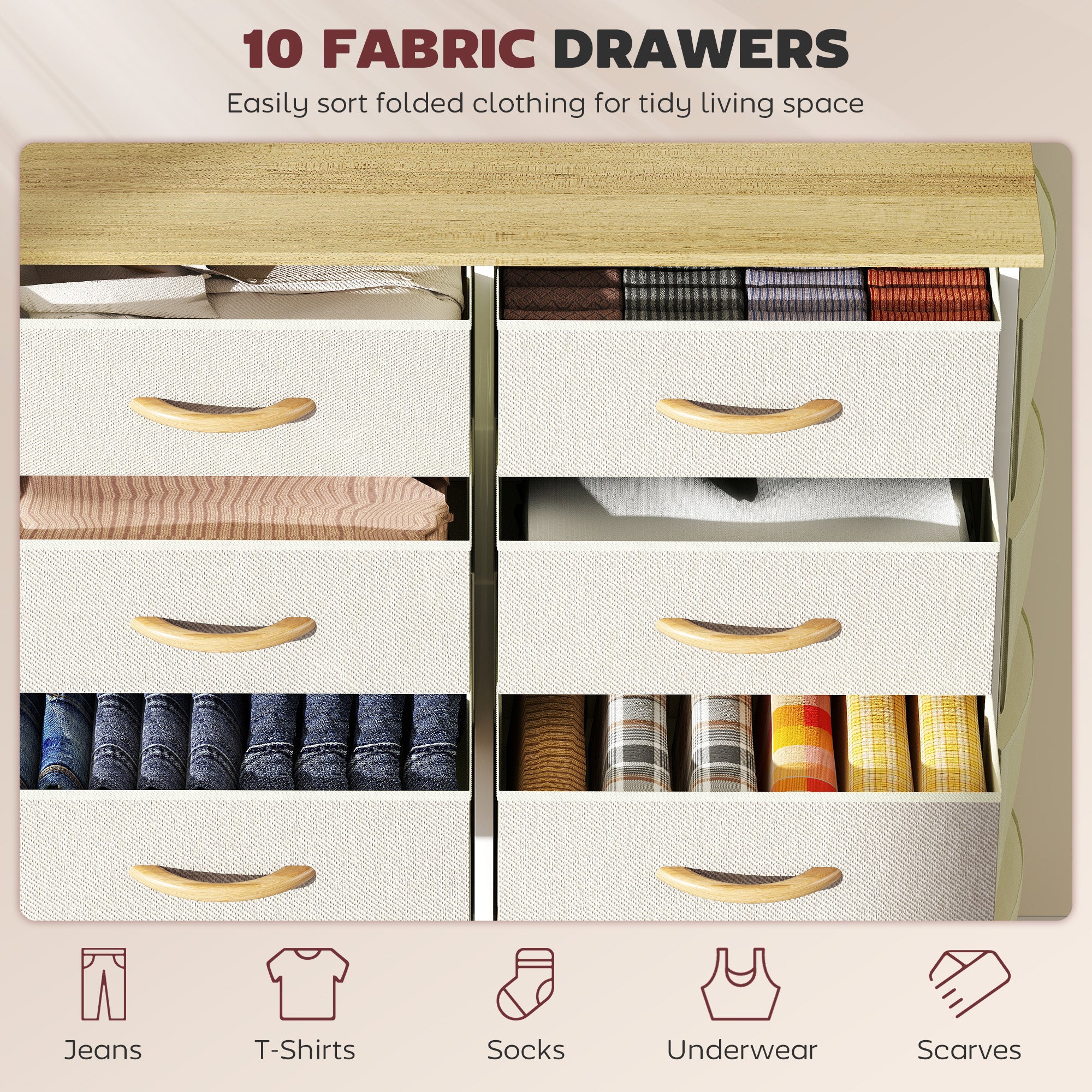 HOMCOM Chest of Ten Fabric Drawers - Beige