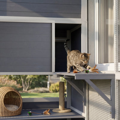 PawHut 4-Tier Wooden Catio Cat Outdoor Enclosure with Sun Roof, Resting Rooms, 3 Platforms, Window Outdoor Indoor, Grey 