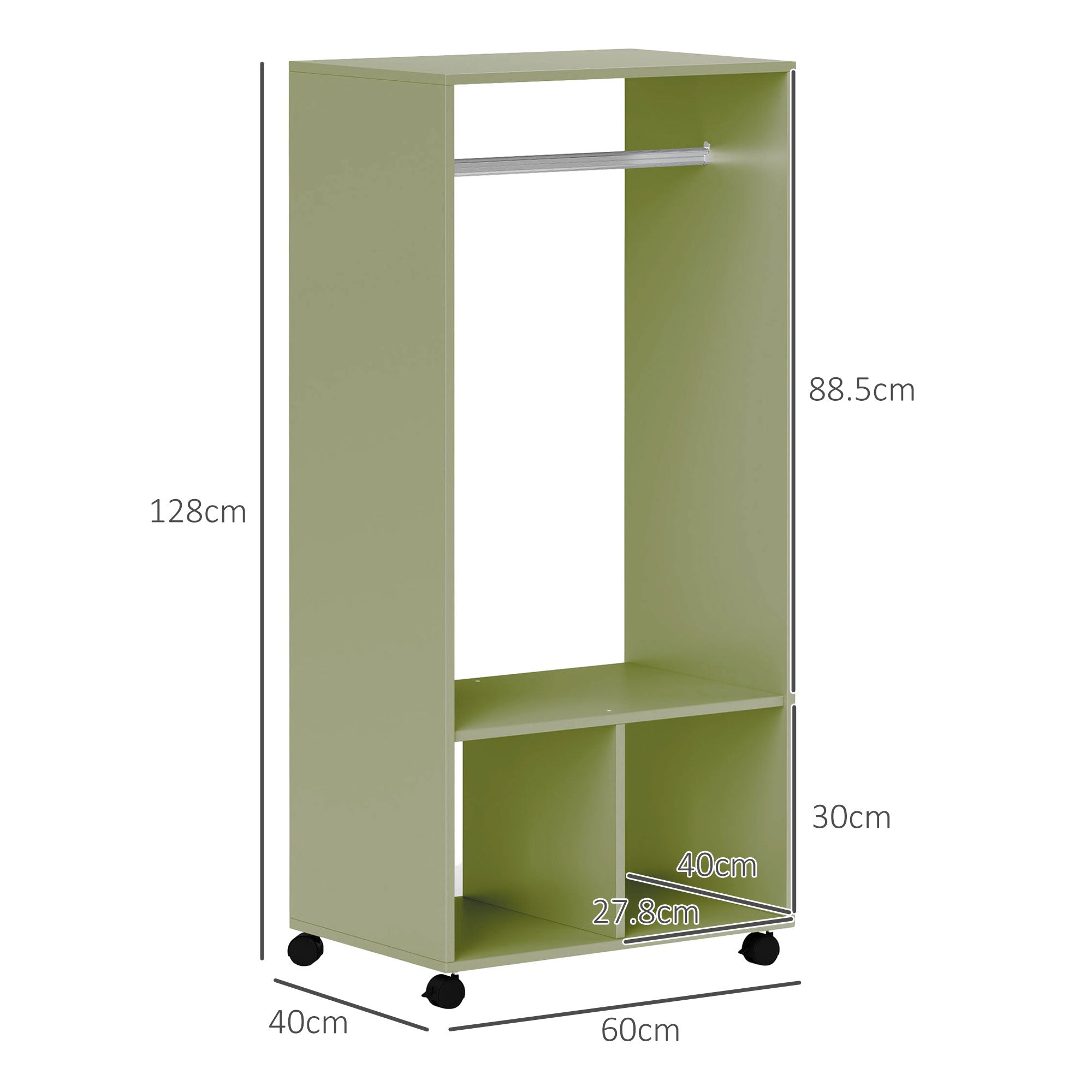 HOMCOM Open Wardrobe on Wheels, Bedroom Wardrobe with Clothes Hanging Rail, 2 Storage Shelves, Mobile Garment Rack for Cloakroom, Hallway, Green 